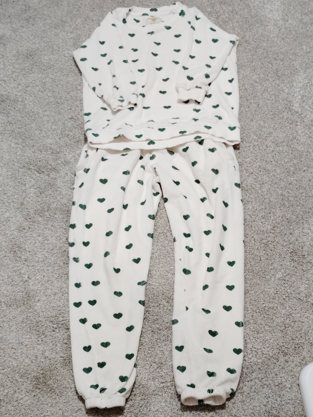 Kids Cream Terry Sweats Set with Green Heart Print
